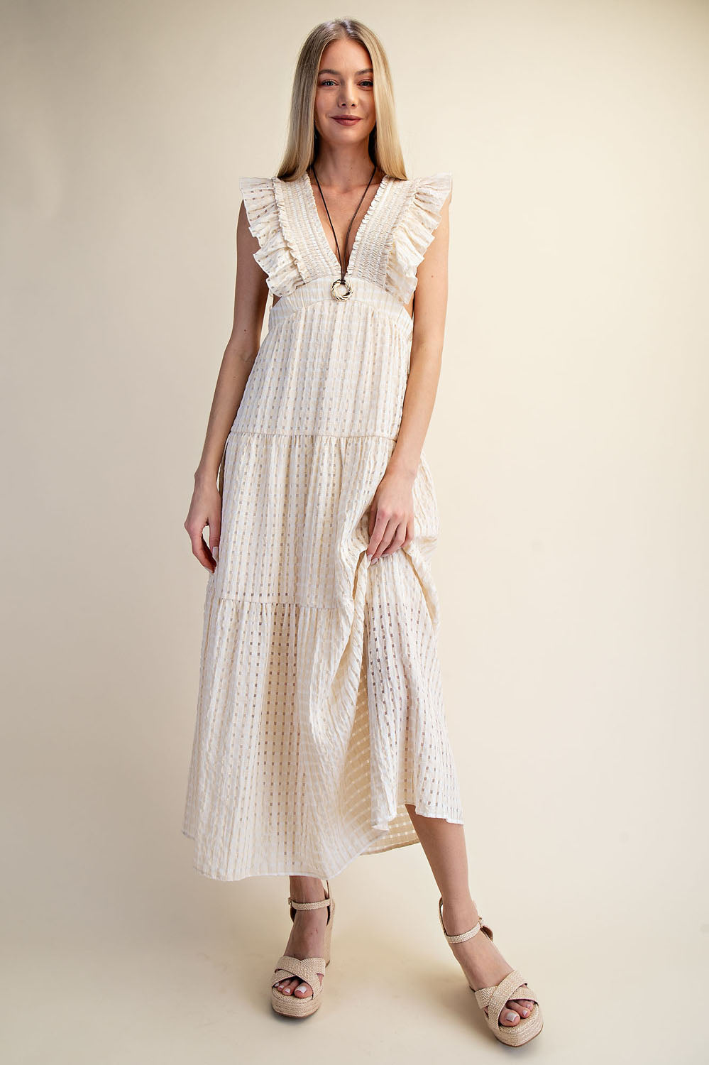 TEXTURED RUFFLE SLEEVE CUT-OUT MAXI DRESS - MATCHA