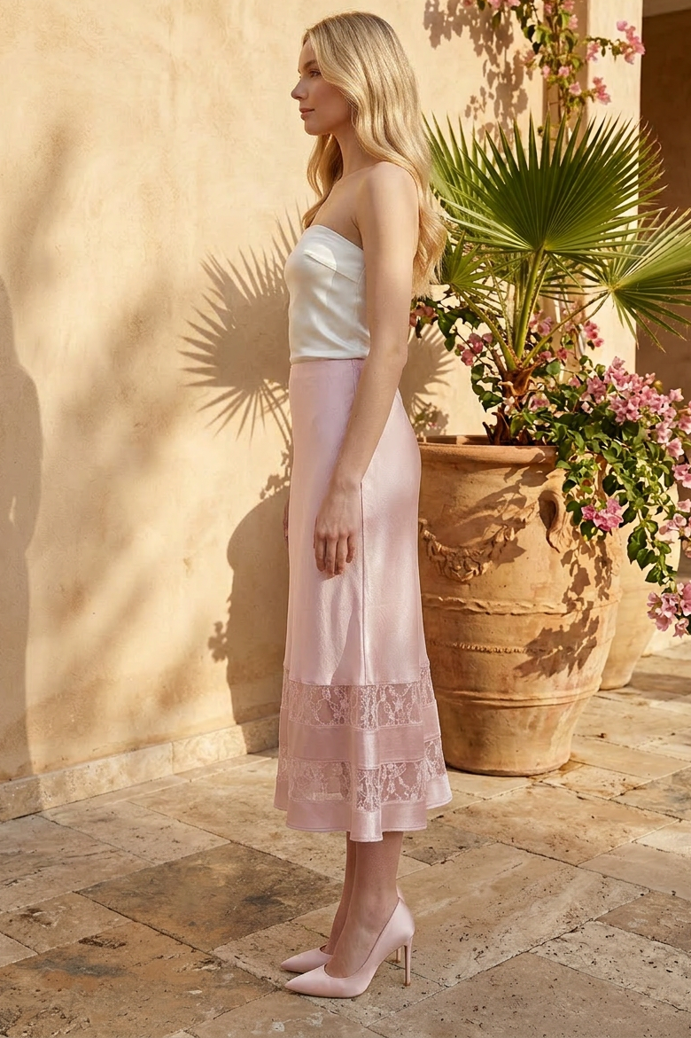 SATIN LACE DETAIL MIDI SKIRT