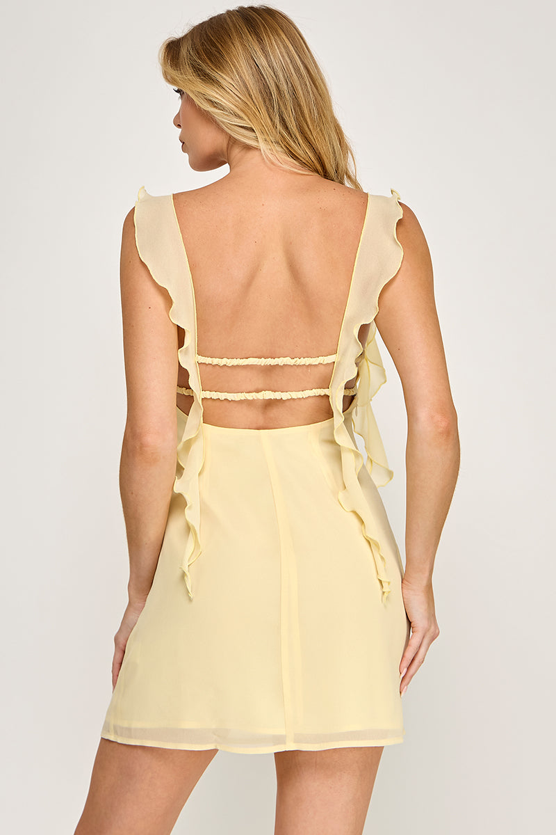 SOFT CHIFFON RUFFLE STRAP OPEN-BACK MINI DRESS