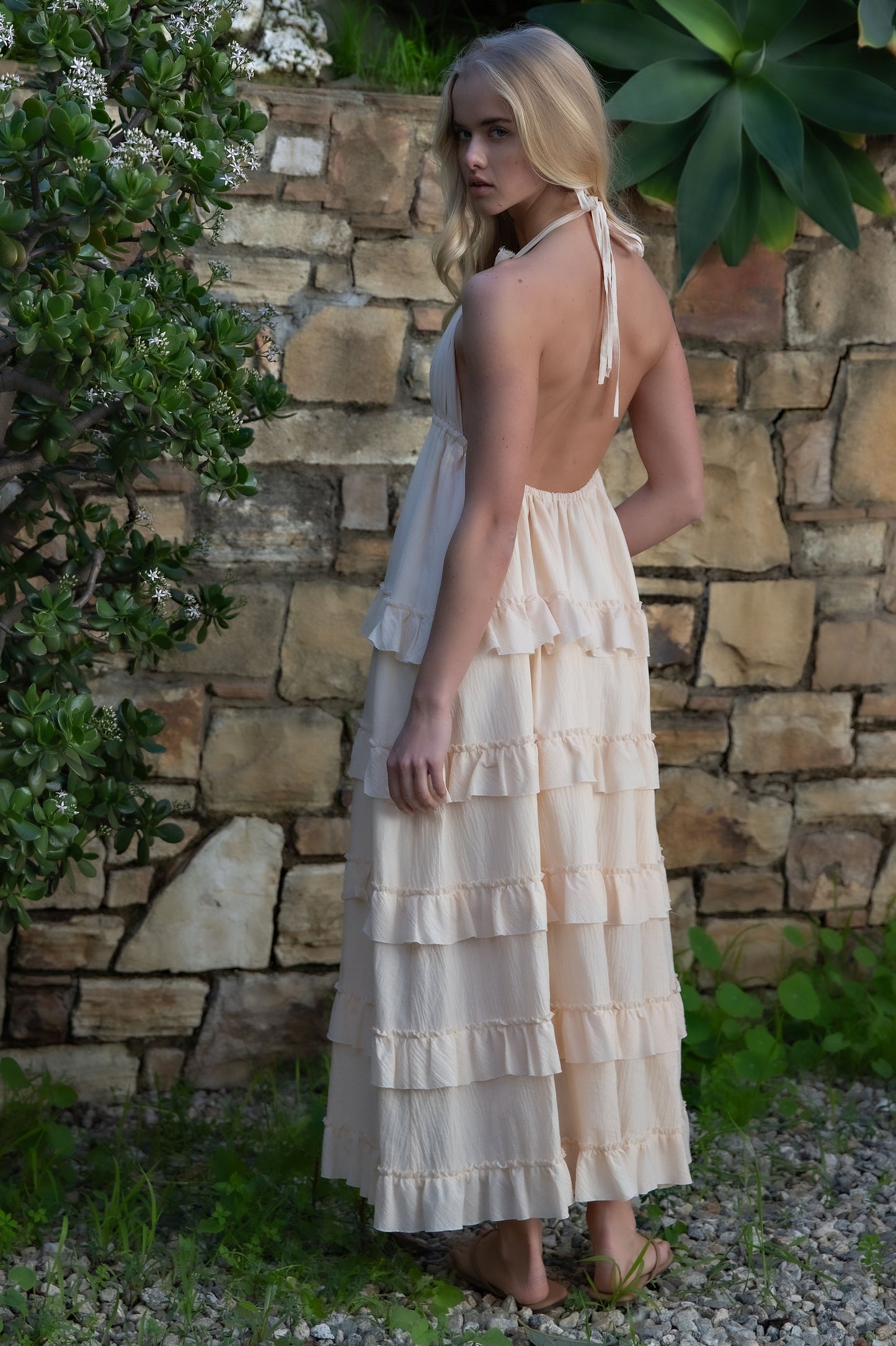 SOFT HALTER TIERED MAXI DRESS - WHITE