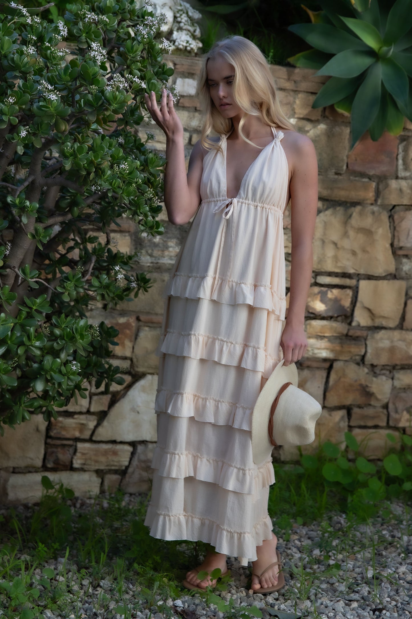 SOFT HALTER TIERED MAXI DRESS - WHITE