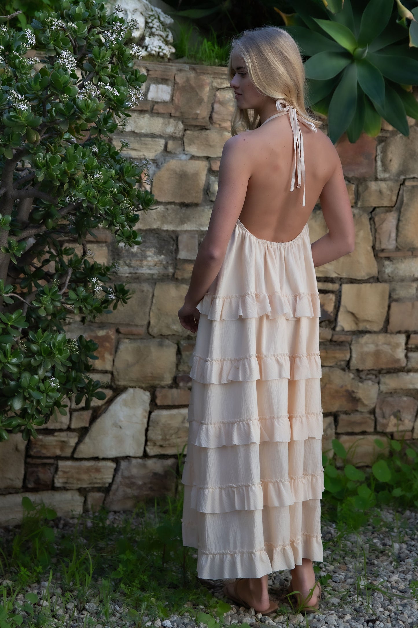 SOFT HALTER TIERED MAXI DRESS - WHITE