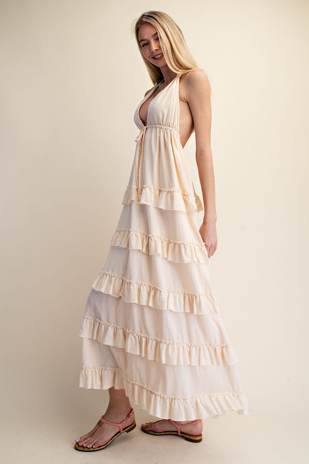 SOFT HALTER TIERED MAXI DRESS - WHITE
