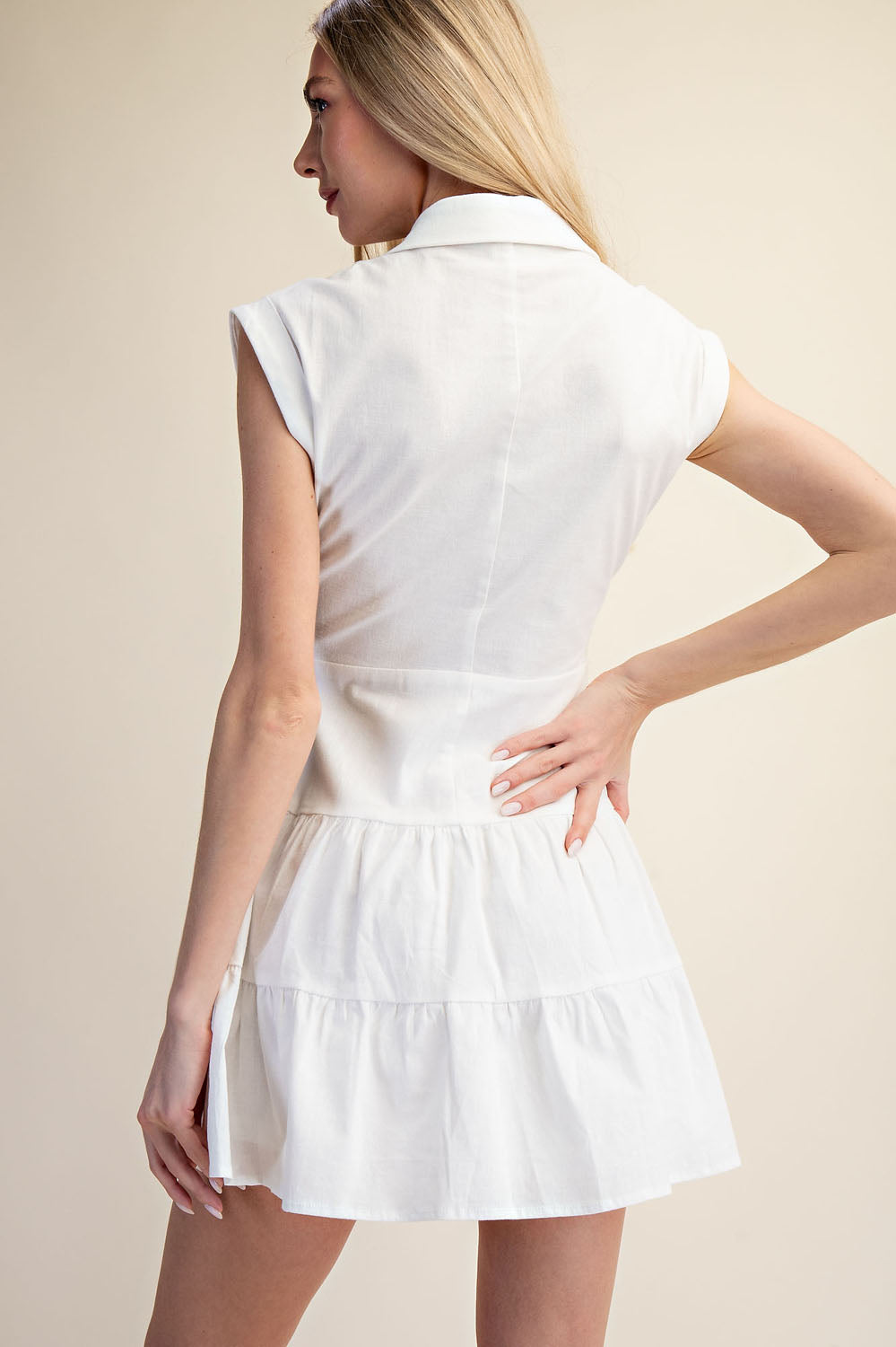 COLLARED FRONT TIE TIERED MINI DRESS