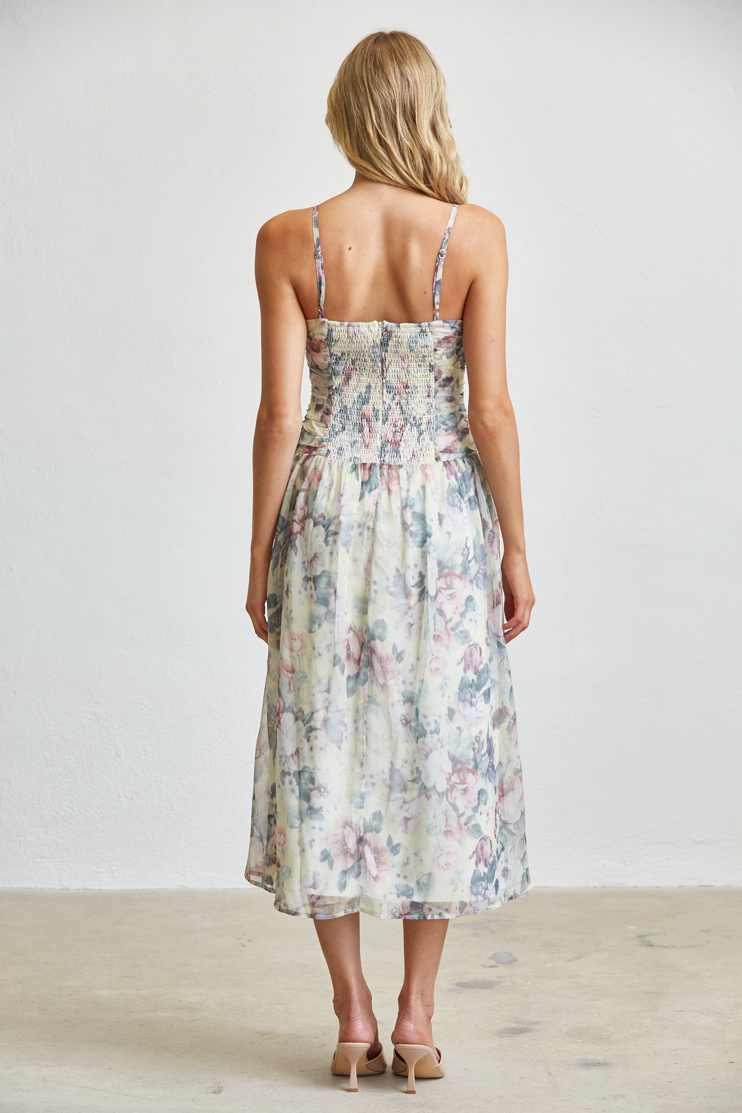 SOFT GARDEN SMOCKED MIDI DRESS