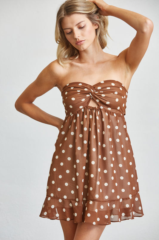 DOT PRINT STRAPLESS BABYDOLL MINI DRESS