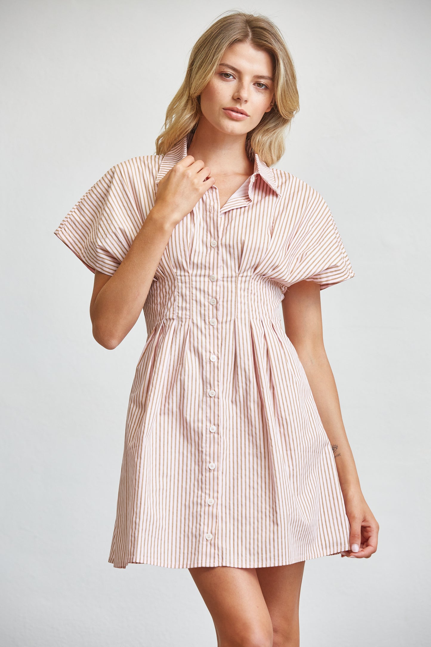 GINGHAM COTTON SHIRT SMOCKED MINI DRESS