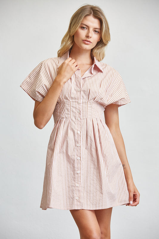 GINGHAM COTTON SHIRT SMOCKED MINI DRESS