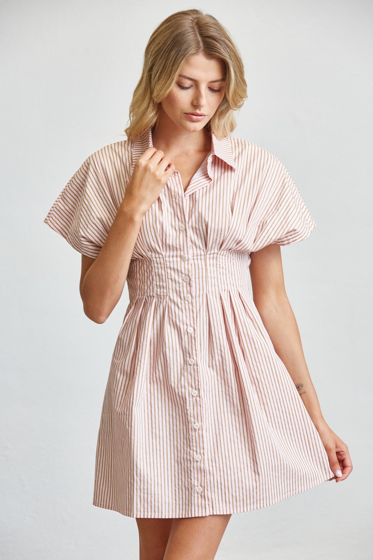 GINGHAM COTTON SHIRT SMOCKED MINI DRESS