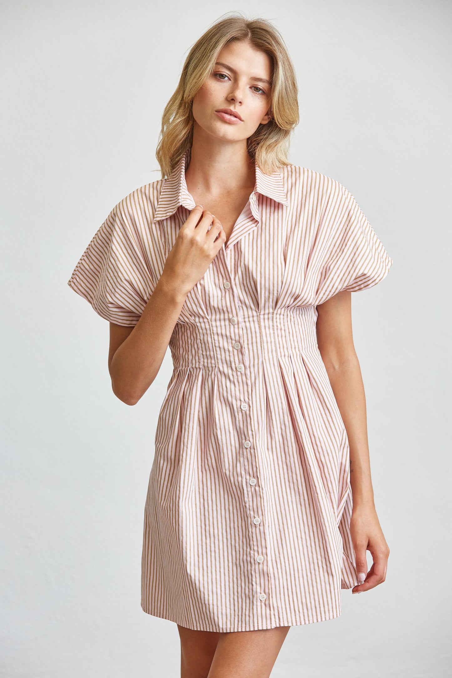 GINGHAM COTTON SHIRT SMOCKED MINI DRESS