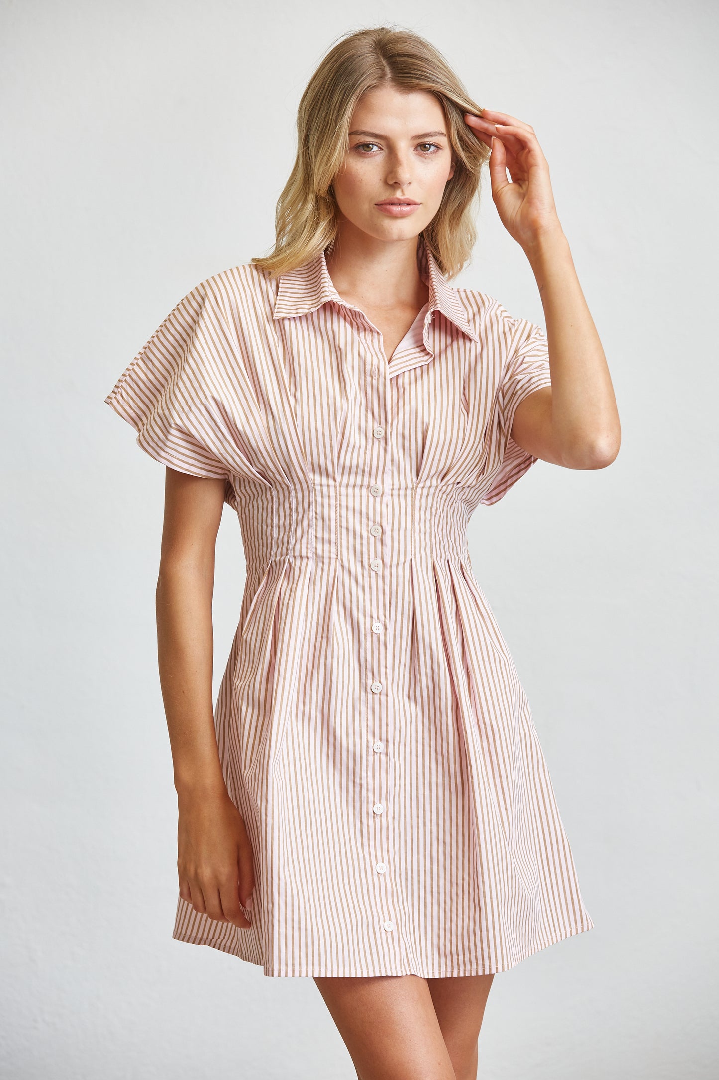 GINGHAM COTTON SHIRT SMOCKED MINI DRESS