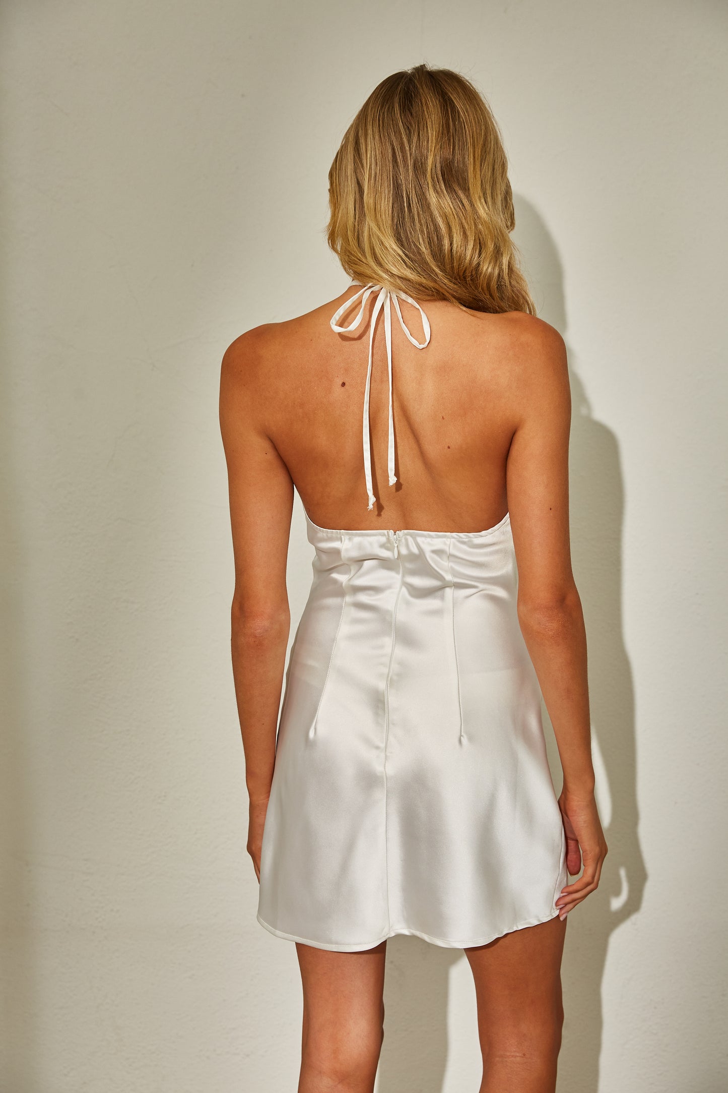 SILK TOUCH CROSS HALTER MINI DRESS
