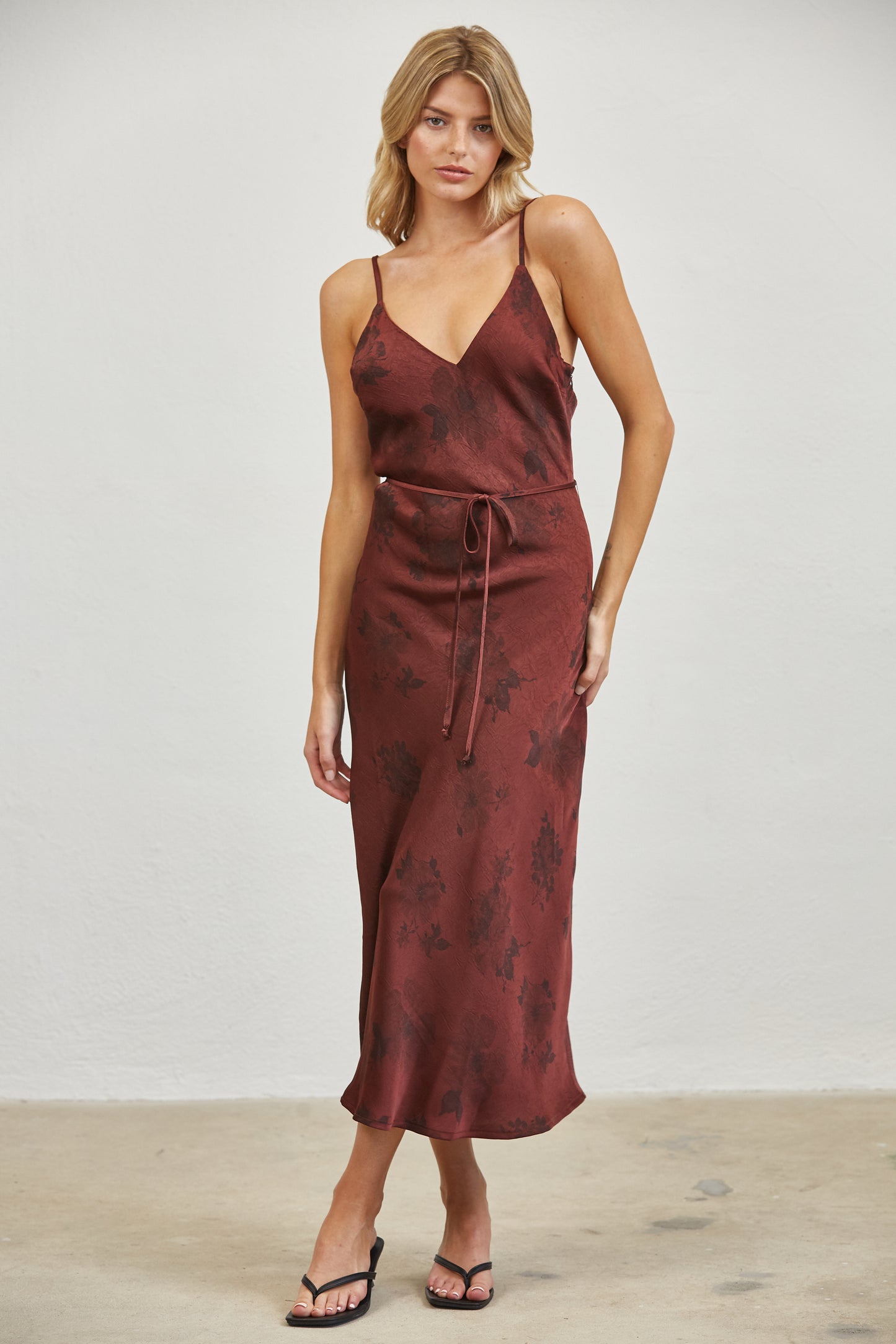 FLORAL SATIN SLIP MIDI DRESS