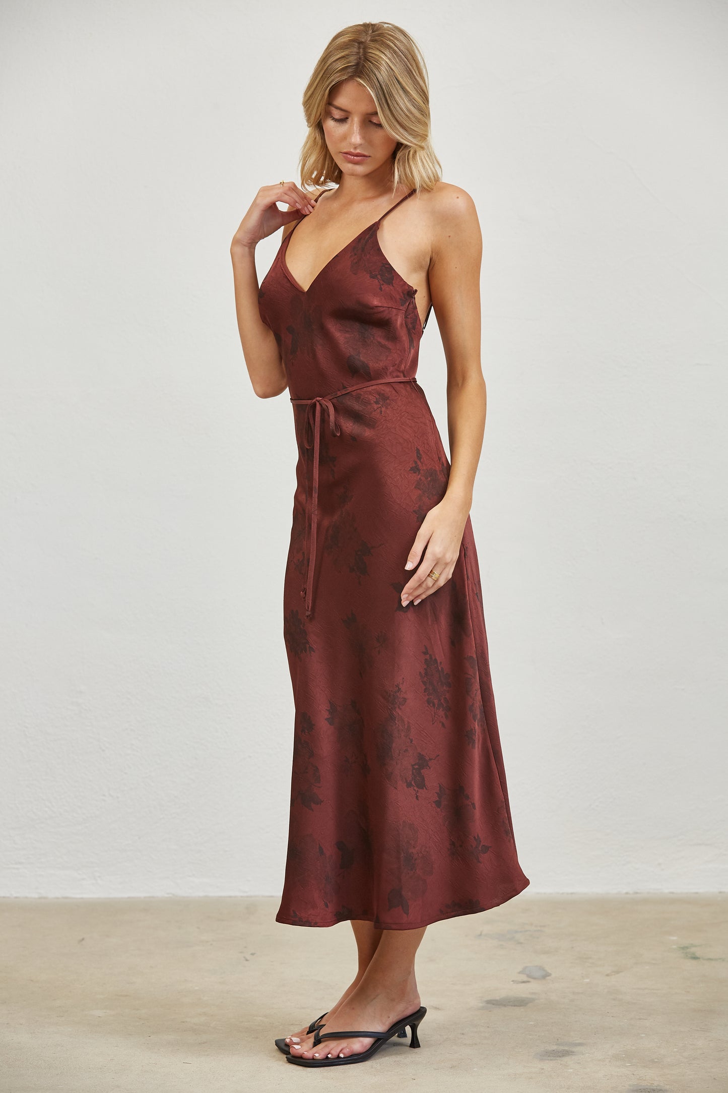 FLORAL SATIN SLIP MIDI DRESS