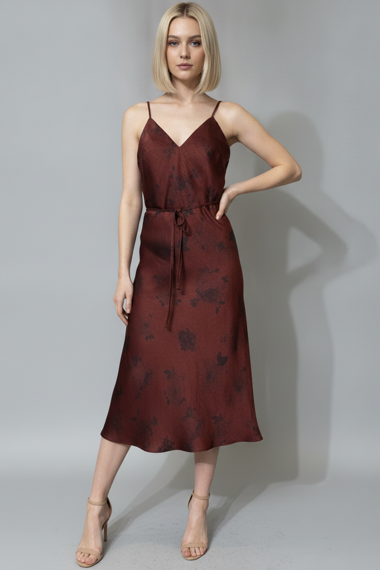 FLORAL SATIN SLIP MIDI DRESS