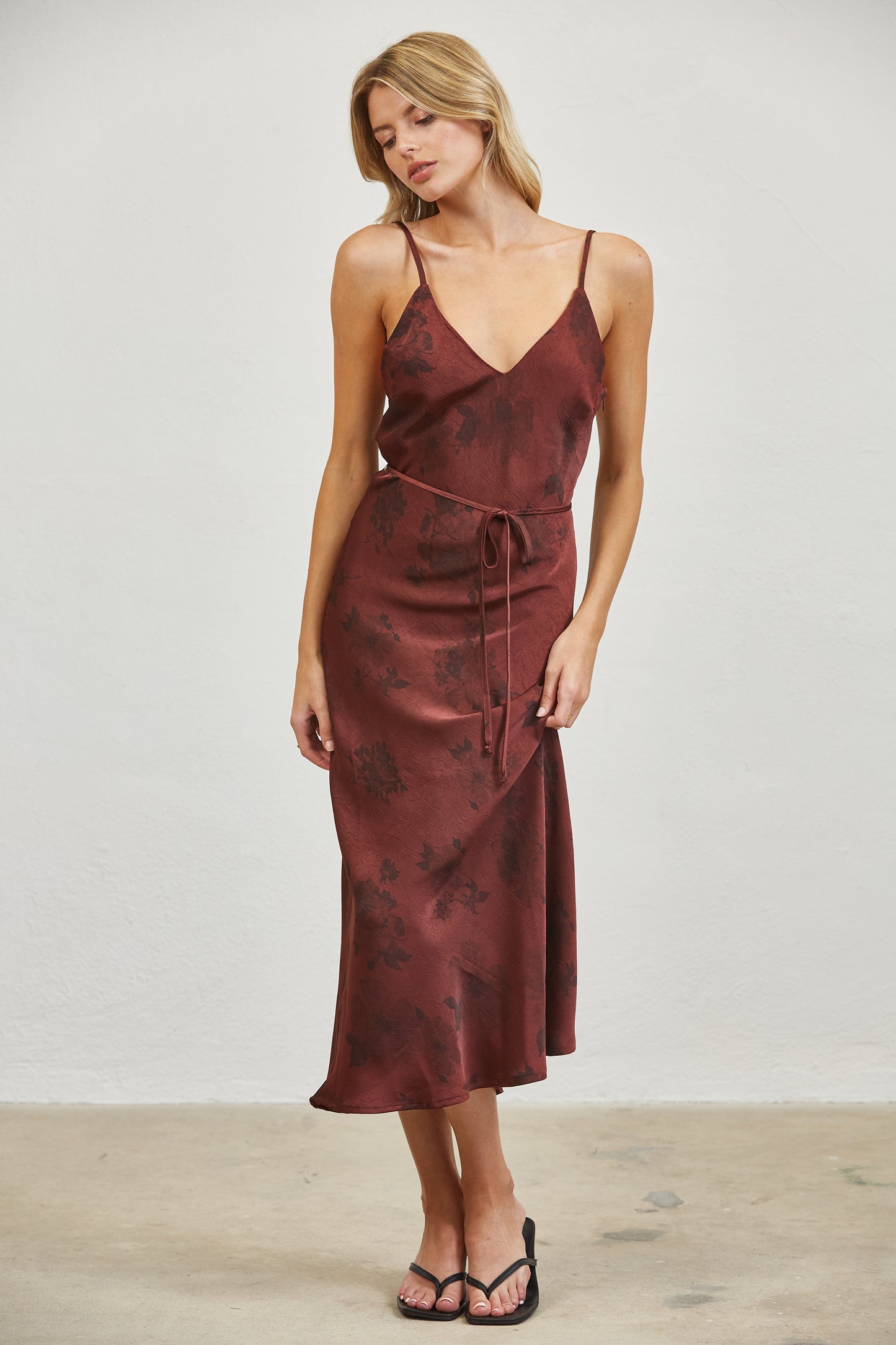 FLORAL SATIN SLIP MIDI DRESS