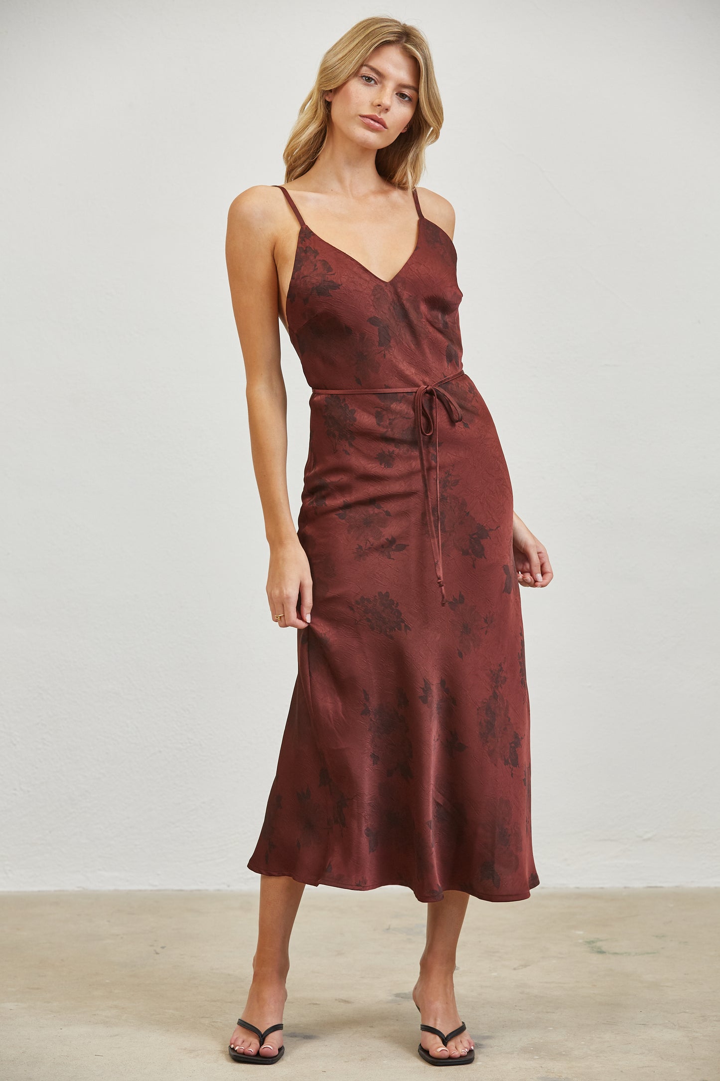 FLORAL SATIN SLIP MIDI DRESS