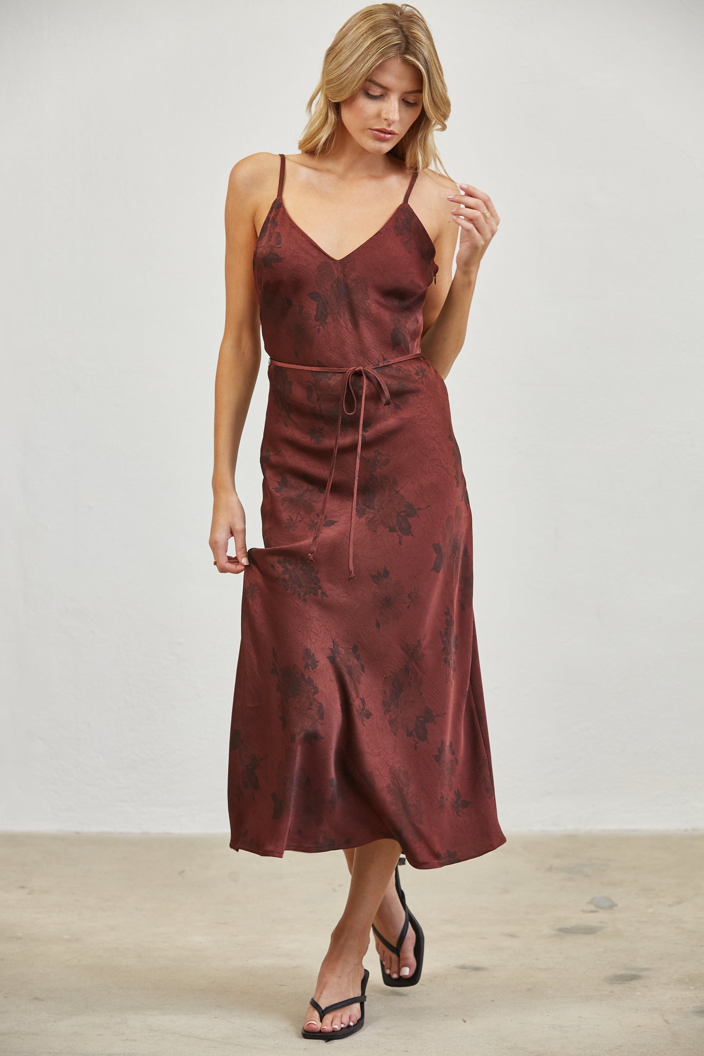 FLORAL SATIN SLIP MIDI DRESS