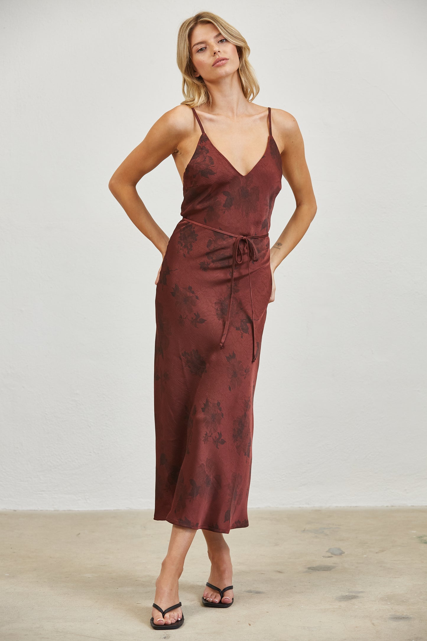 FLORAL SATIN SLIP MIDI DRESS