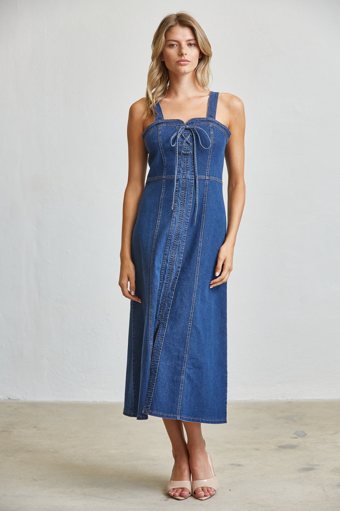 LACE UP CORSET DENIM MIDI DRESS