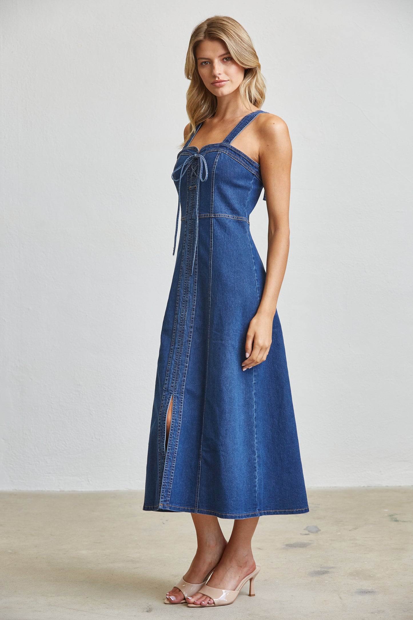 LACE UP CORSET DENIM MIDI DRESS