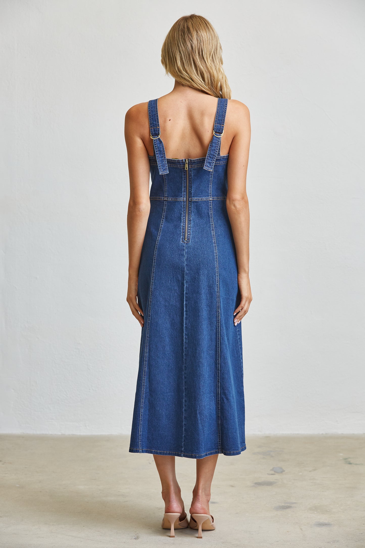 LACE UP CORSET DENIM MIDI DRESS