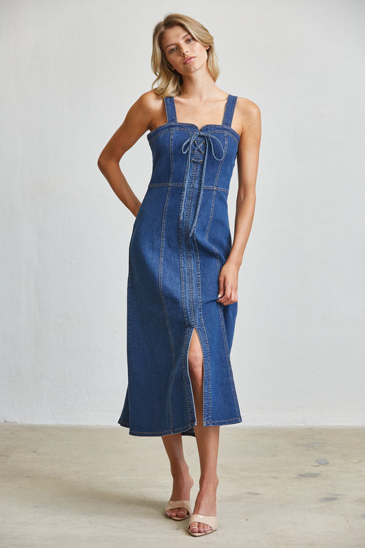 LACE UP CORSET DENIM MIDI DRESS