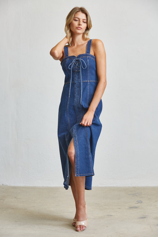 LACE UP CORSET DENIM MIDI DRESS