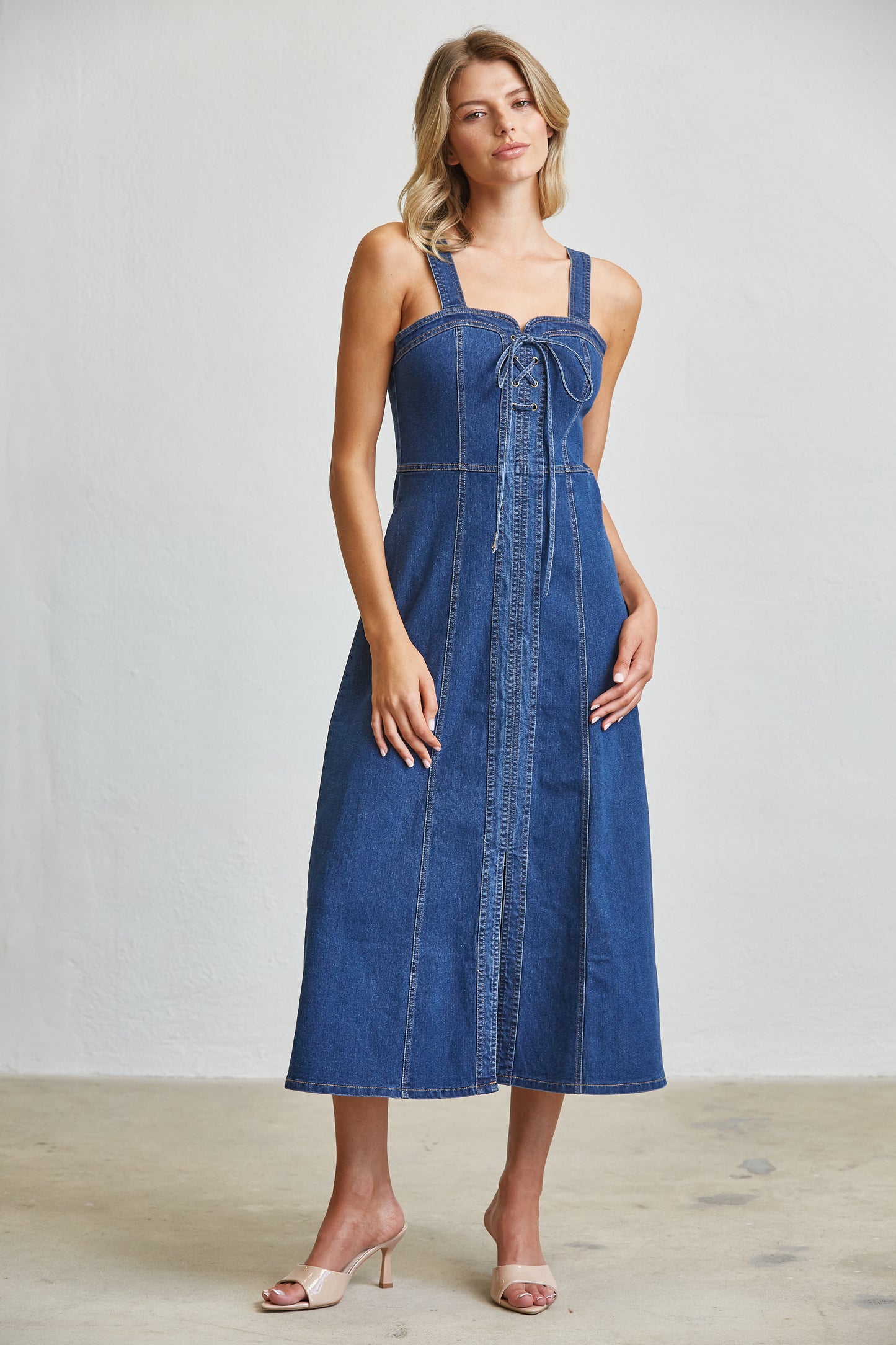 LACE UP CORSET DENIM MIDI DRESS