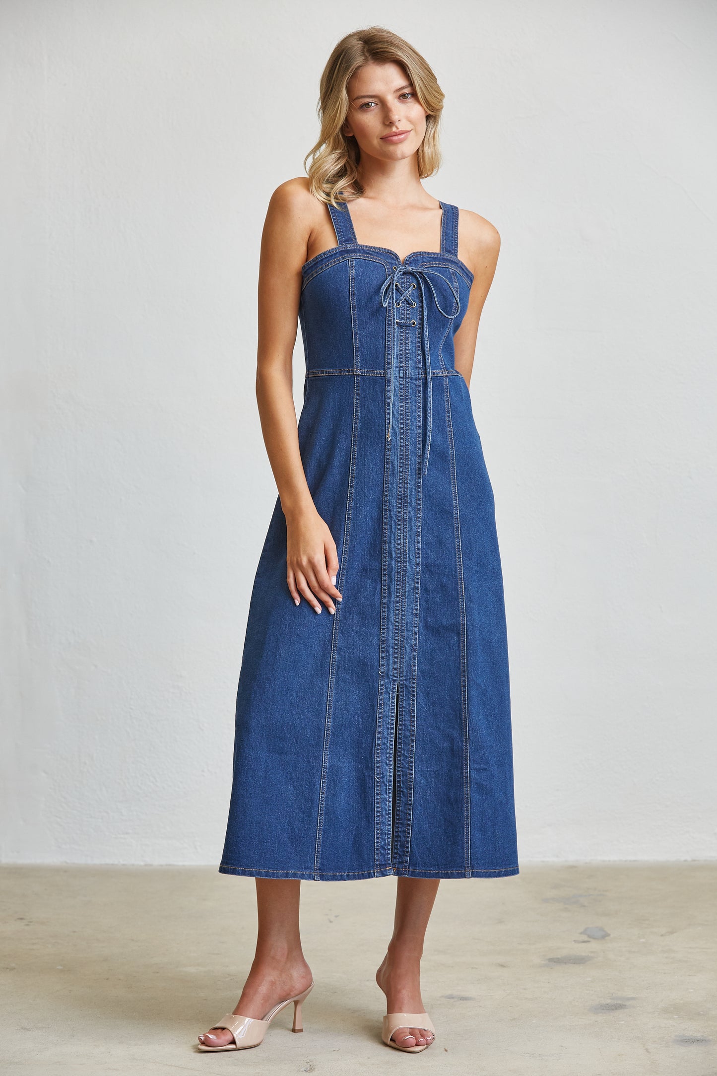 LACE UP CORSET DENIM MIDI DRESS