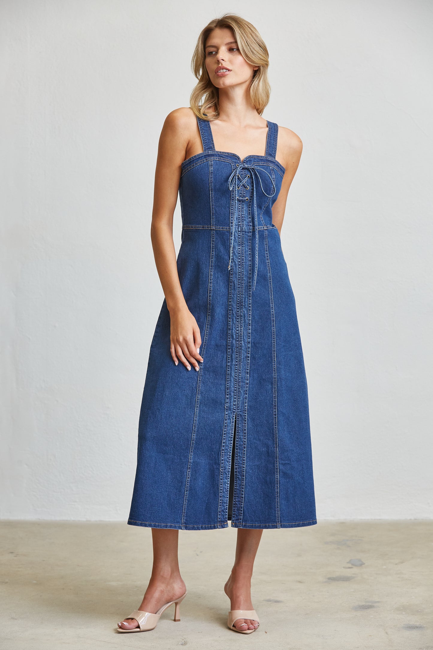LACE UP CORSET DENIM MIDI DRESS