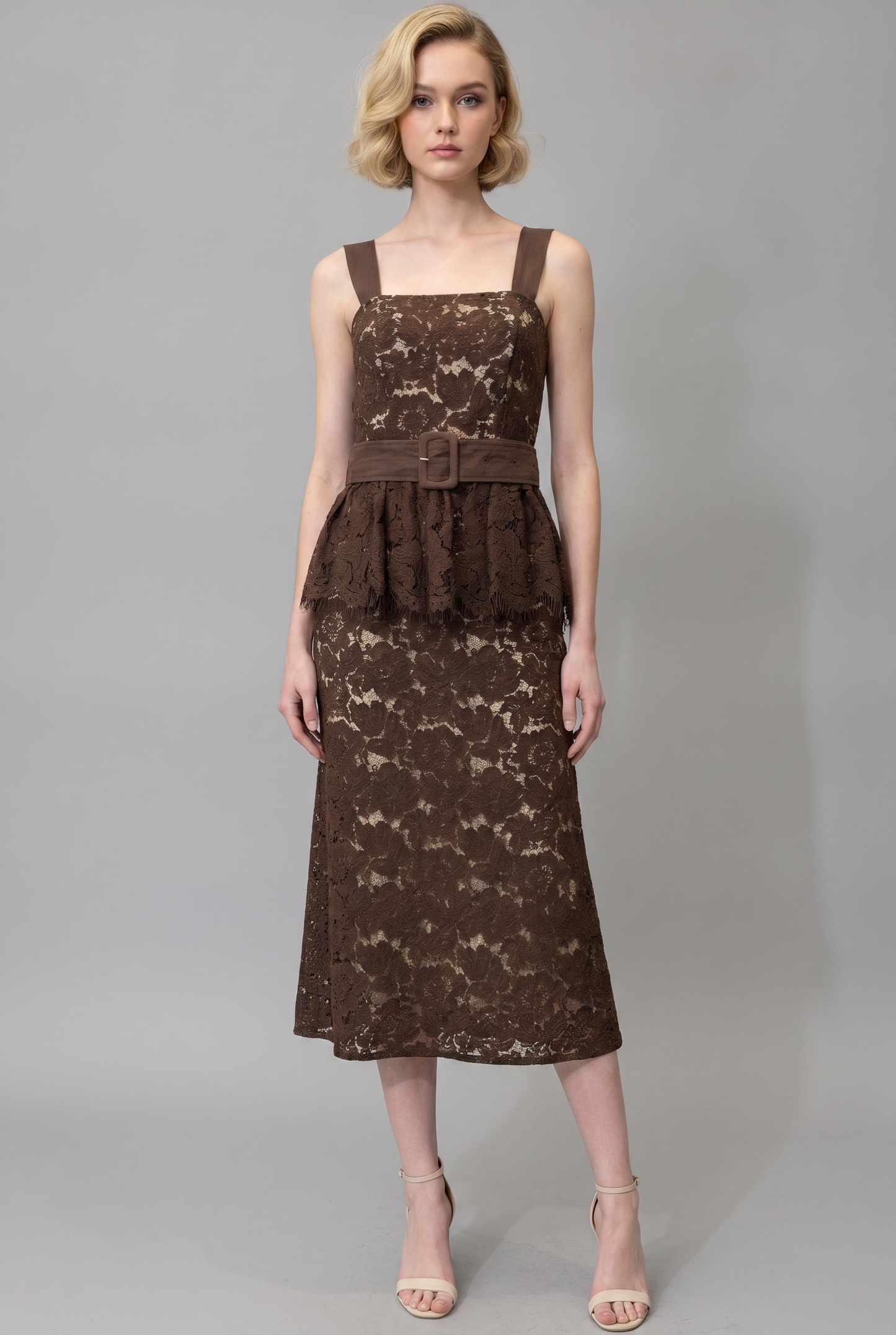 BELTED LACE PEPLUM MIDI DRESS