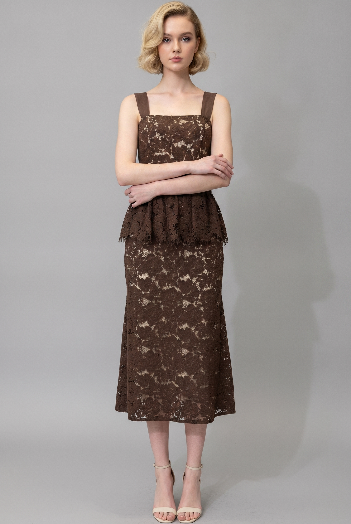 BELTED LACE PEPLUM MIDI DRESS