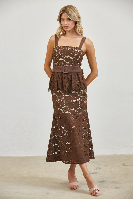 BELTED LACE PEPLUM MIDI DRESS - BROWN