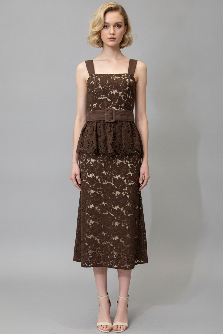BELTED LACE PEPLUM MIDI DRESS