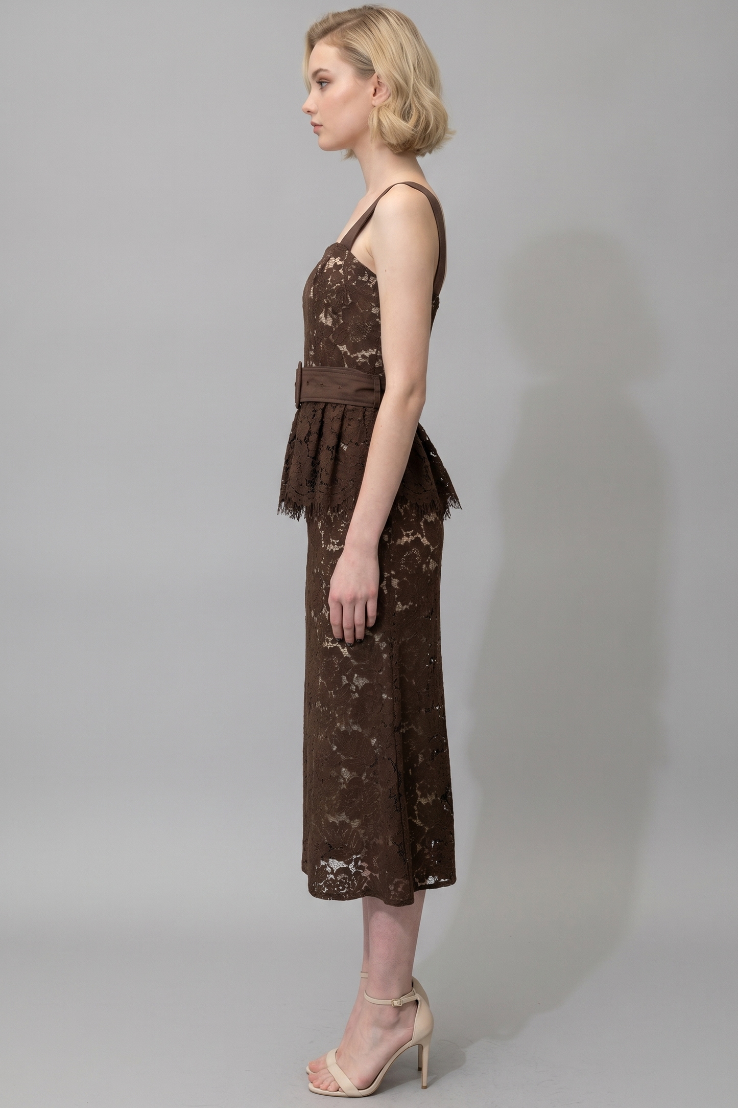 BELTED LACE PEPLUM MIDI DRESS