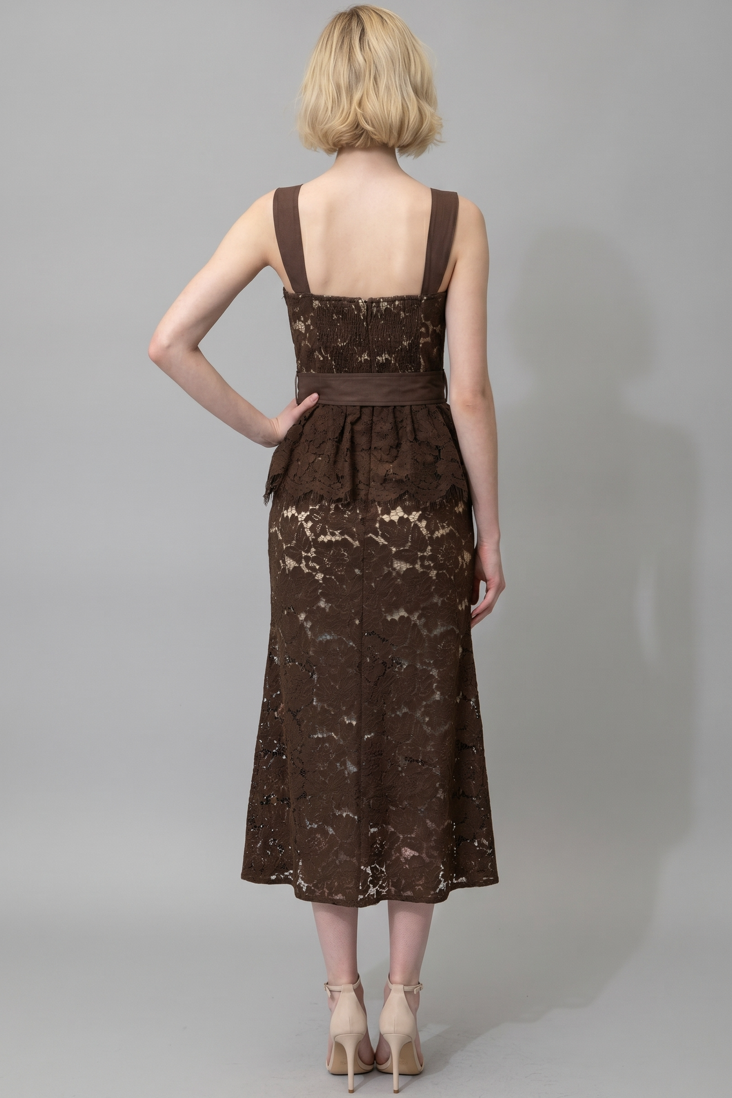 BELTED LACE PEPLUM MIDI DRESS