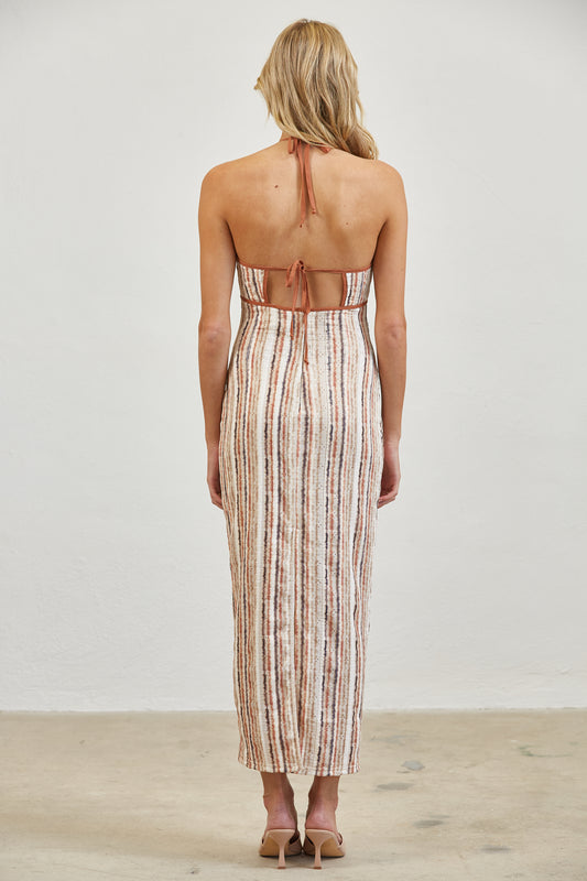 HALTER KEYHOLE TIE BACK MIDI DRESS - RUST