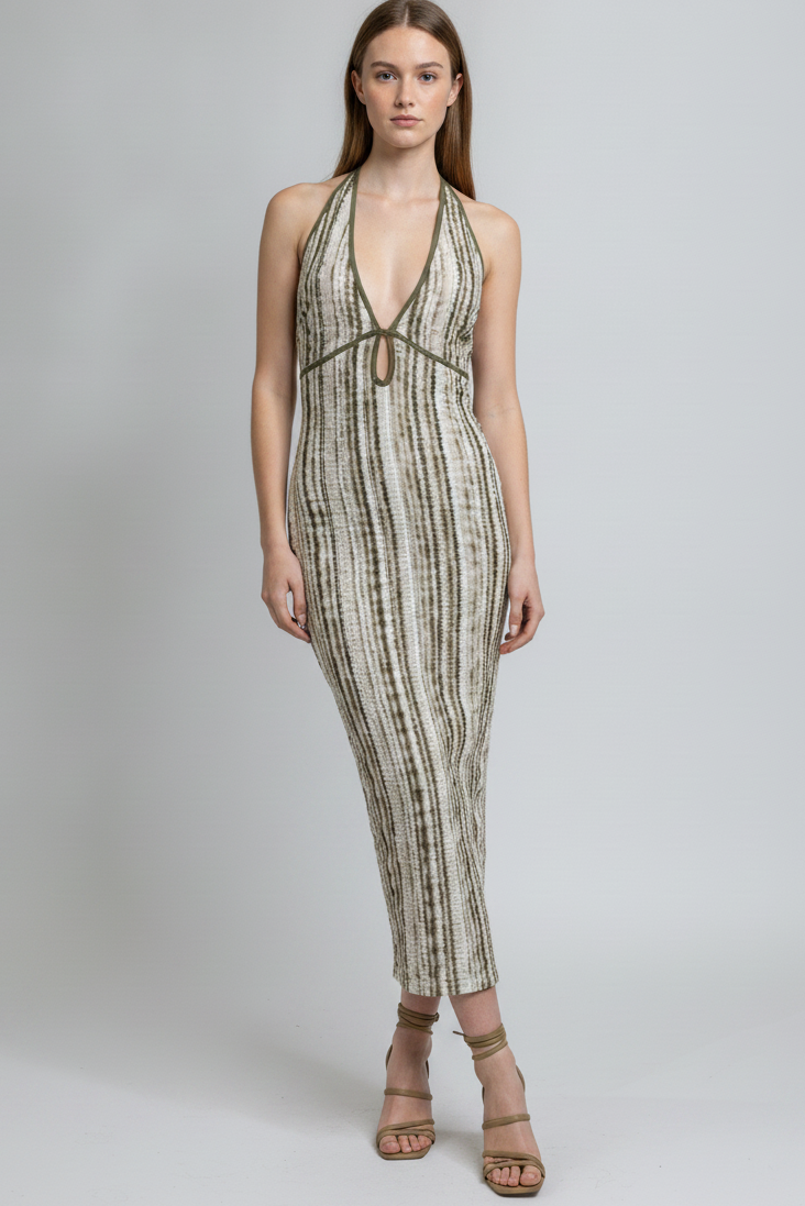 HALTER KEYHOLE TIE BACK MIDI DRESS