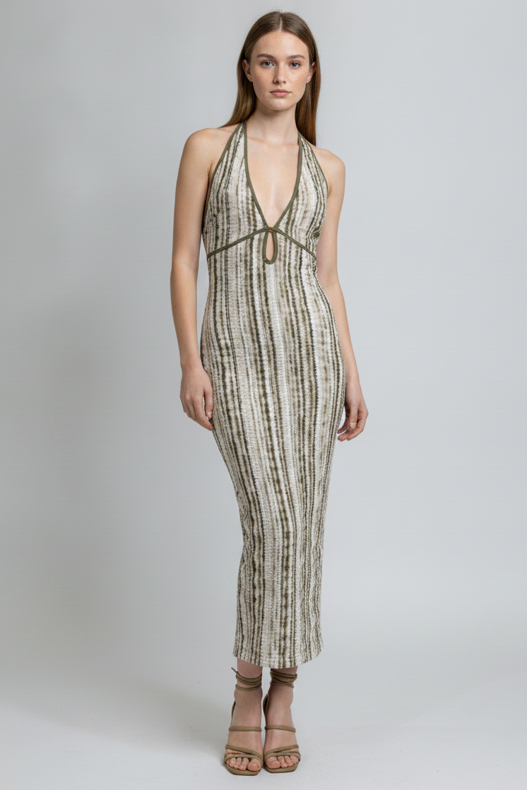 HALTER KEYHOLE TIE BACK MIDI DRESS