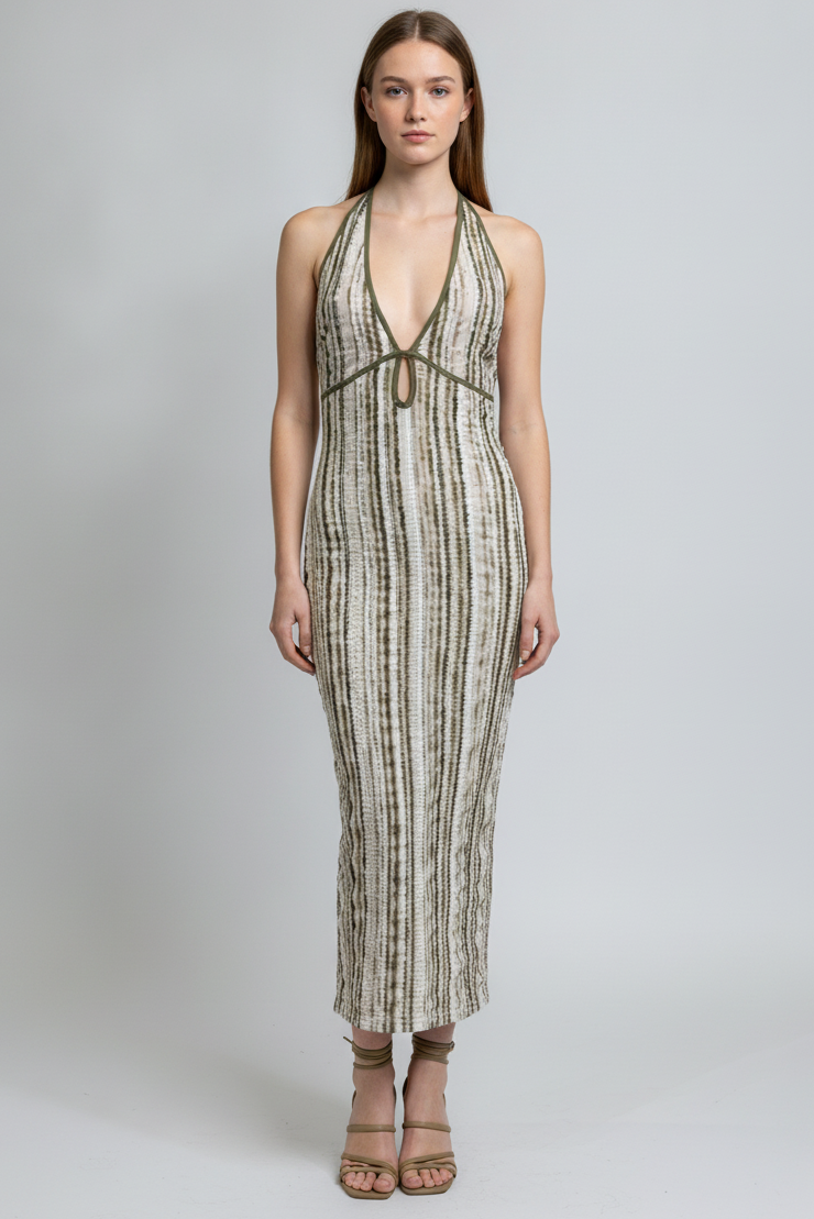 HALTER KEYHOLE TIE BACK MIDI DRESS