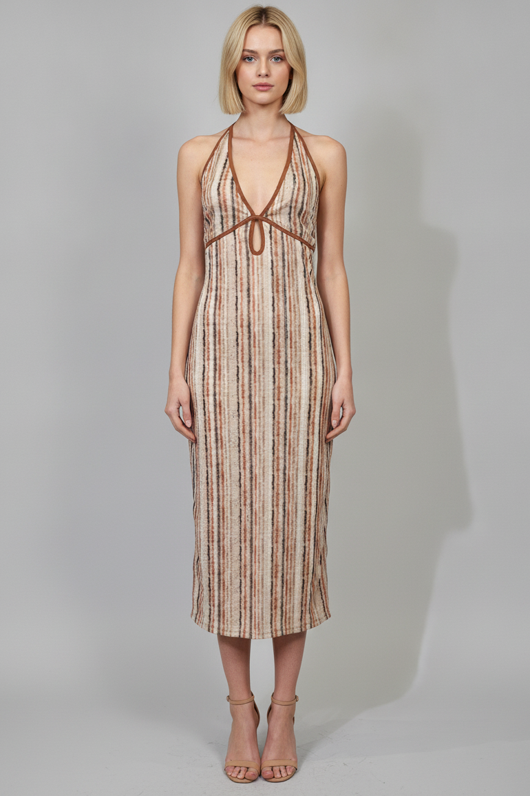 HALTER KEYHOLE TIE BACK MIDI DRESS