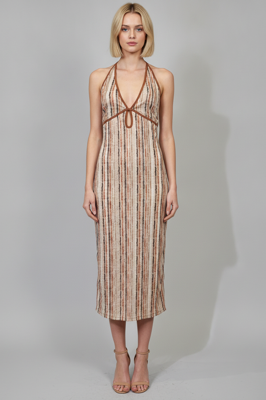 HALTER KEYHOLE TIE BACK MIDI DRESS