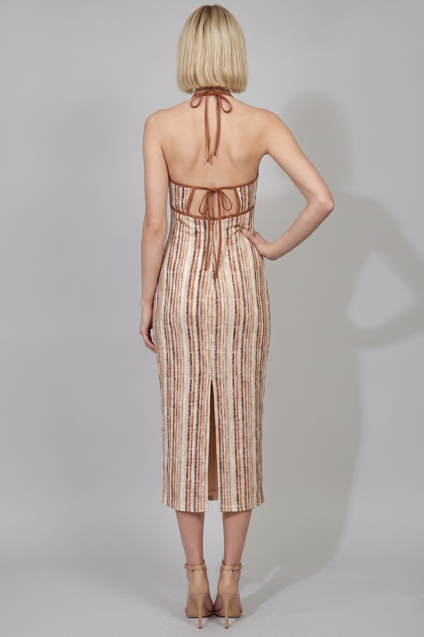 HALTER KEYHOLE TIE BACK MIDI DRESS