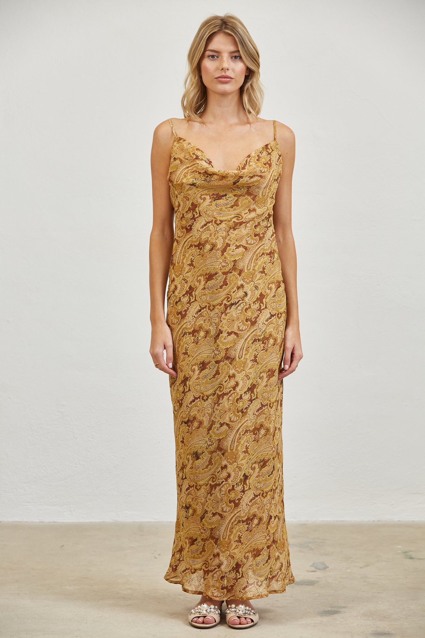 PAISLEY COWL NECK OPEN BACK SLIP MIDI DRESS