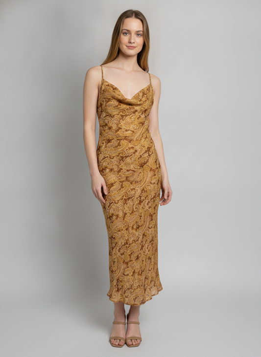 PAISLEY COWL NECK OPEN BACK SLIP MIDI DRESS