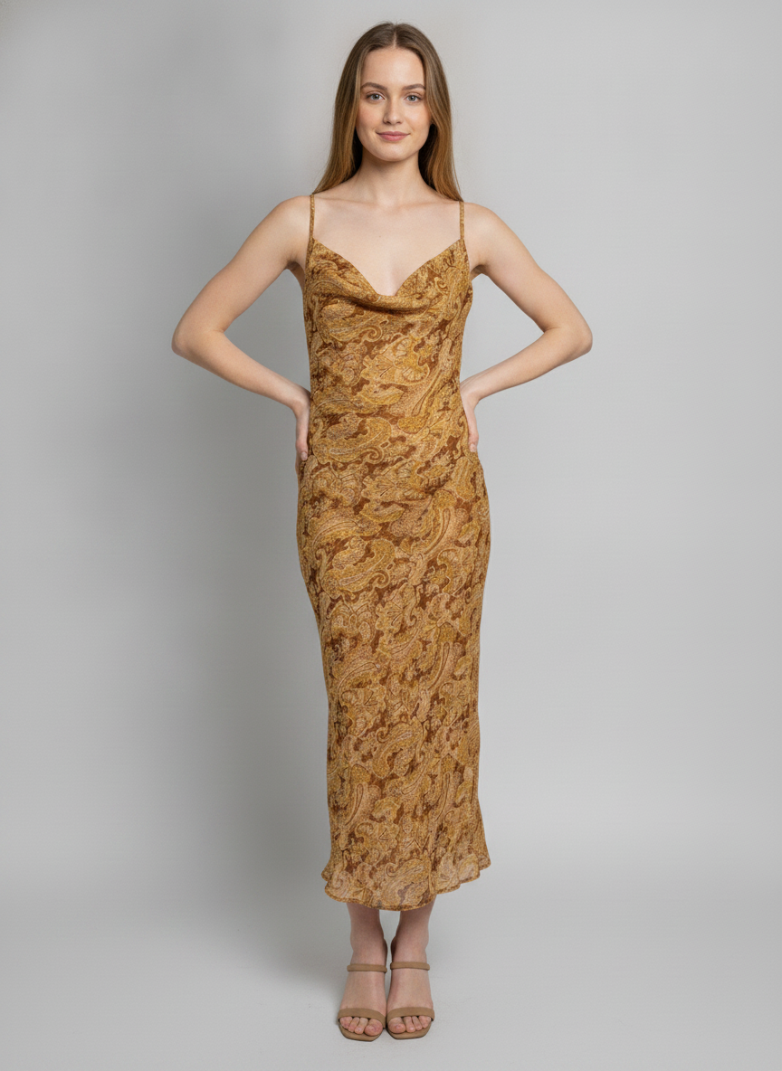 PAISLEY COWL NECK OPEN BACK SLIP MIDI DRESS