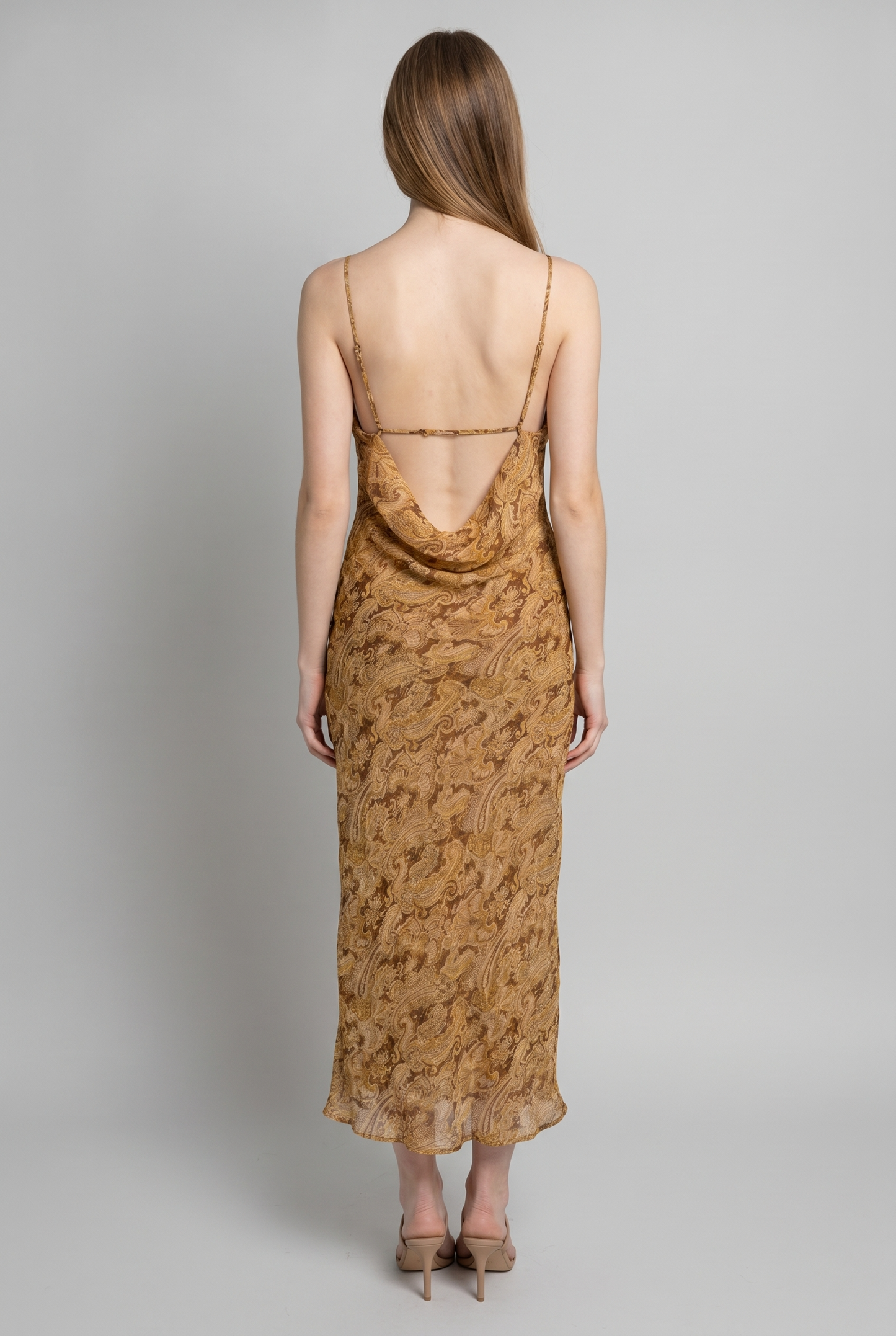 PAISLEY COWL NECK OPEN BACK SLIP MIDI DRESS