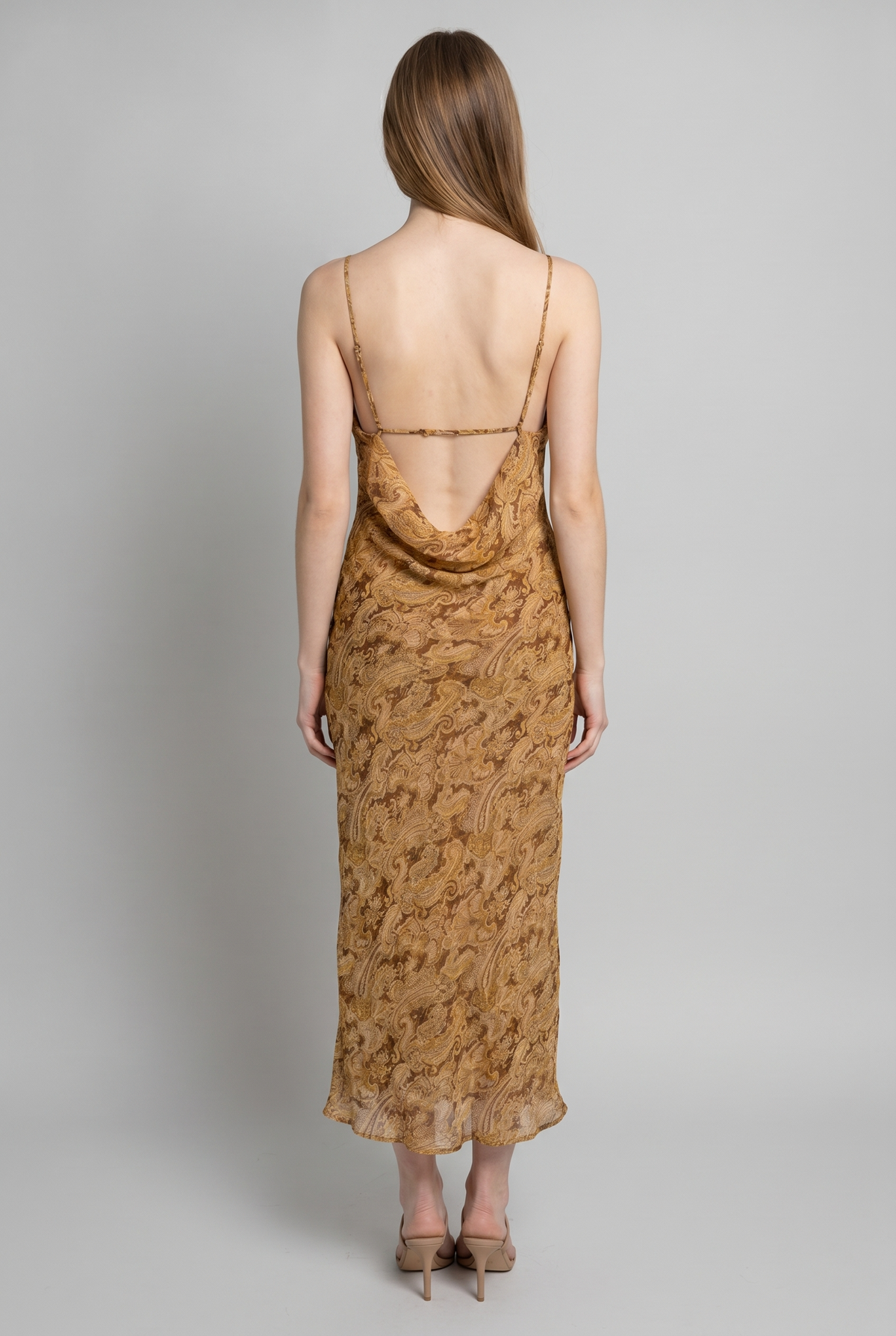 PAISLEY COWL NECK OPEN BACK SLIP MIDI DRESS