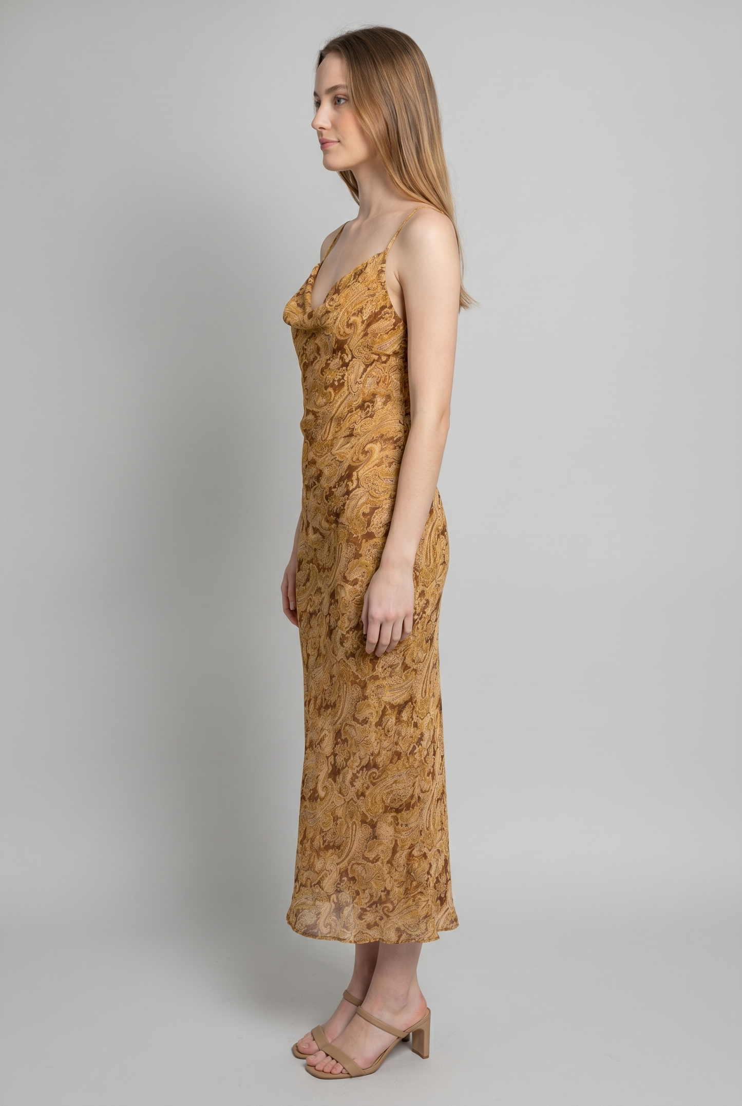 PAISLEY COWL NECK OPEN BACK SLIP MIDI DRESS